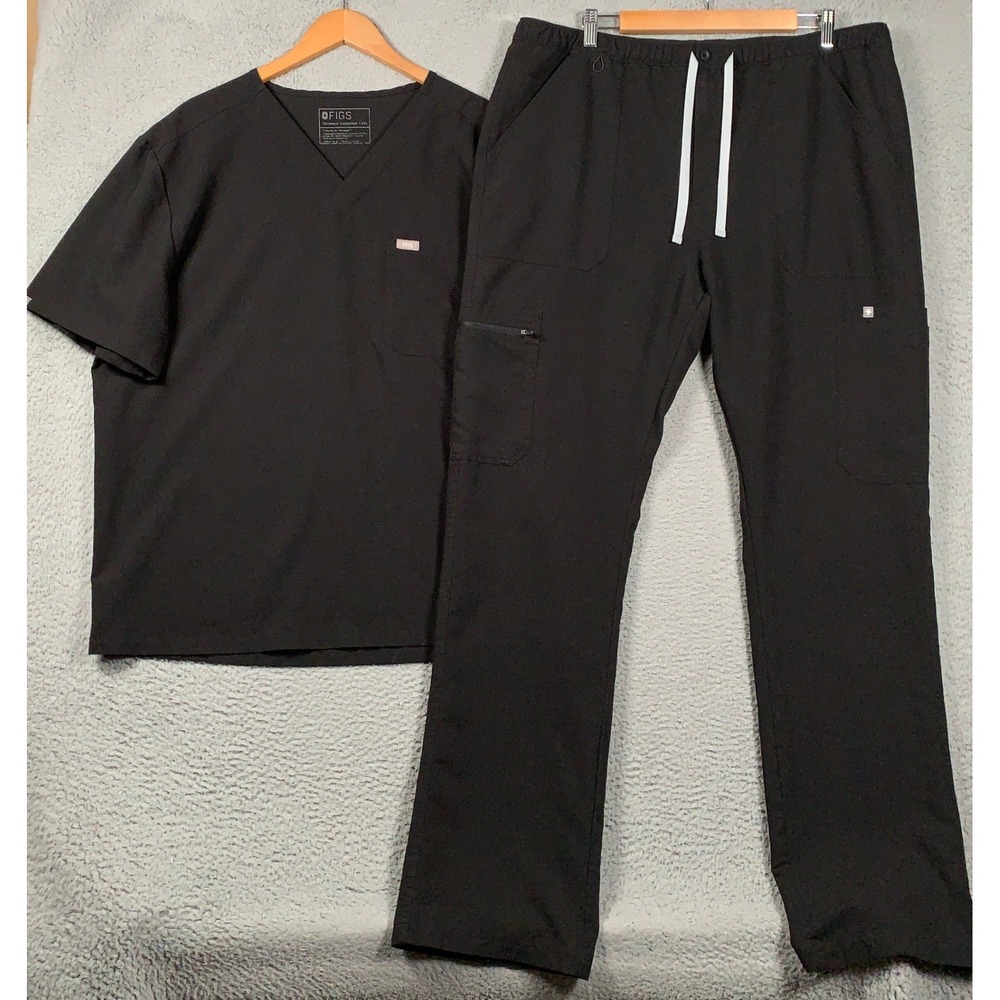 Figs Scrub Set Leon Top & Cairo Cargo Tall Pants Men's XXL/XXLT Black V-Neck 2XL